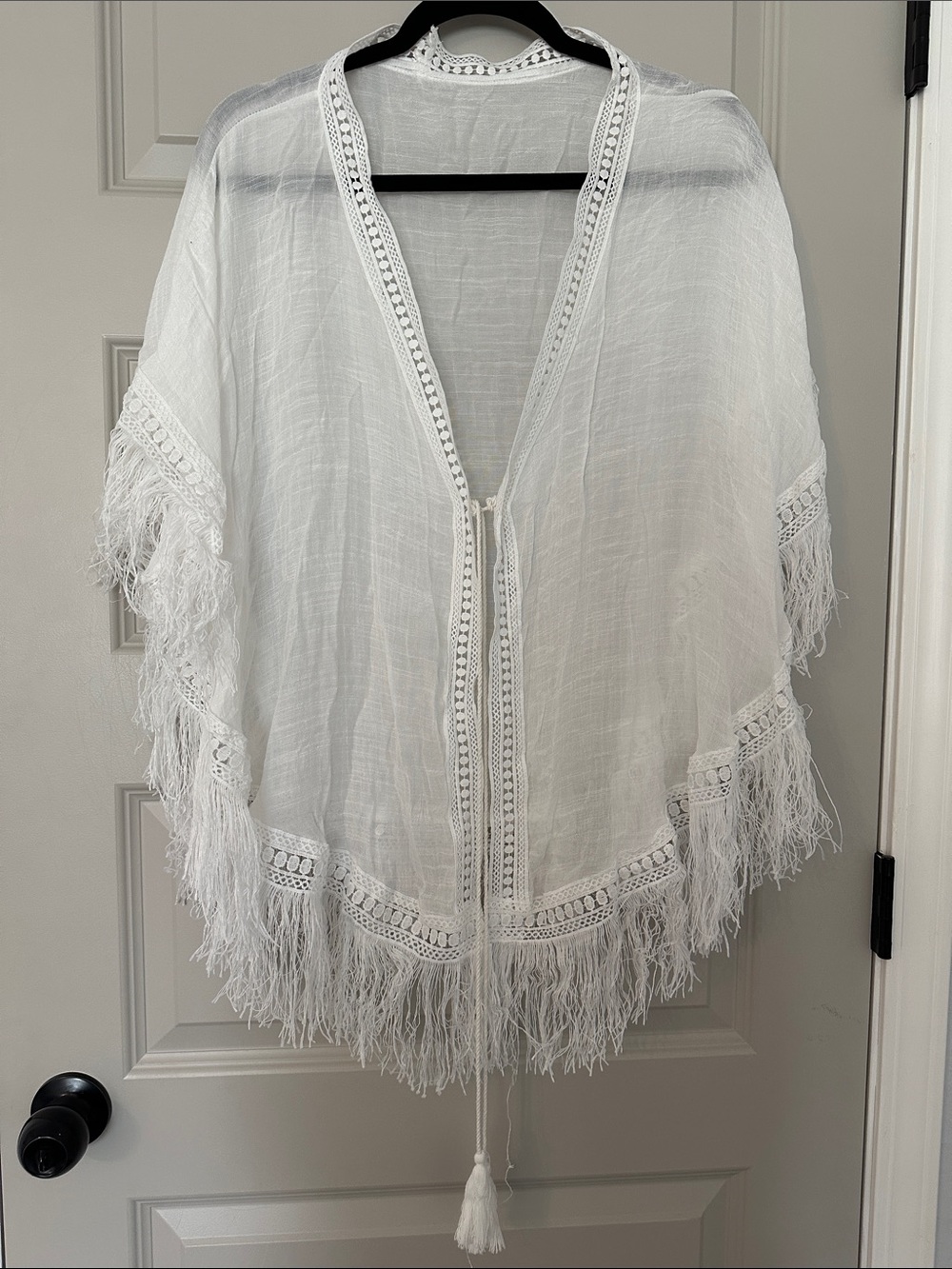 White Fringe Cotton Blend Poncho Kimono Cover Up NWT OS